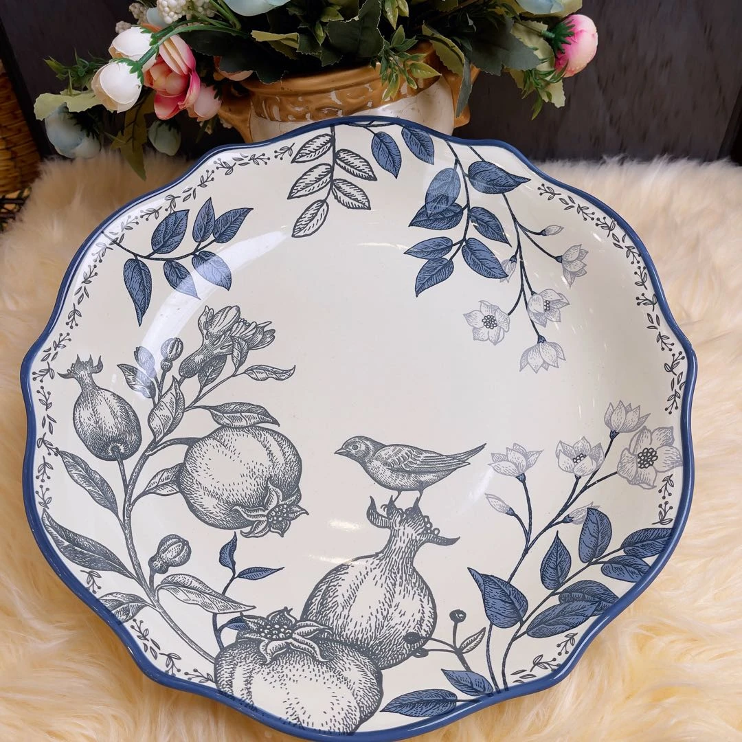 阿勒玛包邮【石榴花】14寸大盘鸡盘釉下彩手绘家用加厚防烫轻奢