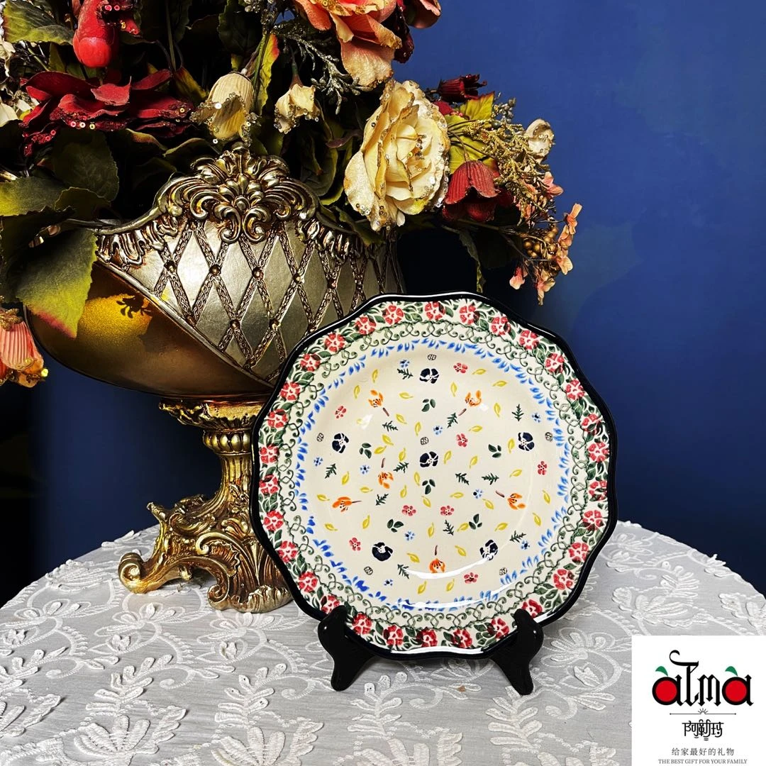 阿勒玛新疆包邮【多彩】手绘复古12寸圆盘家用加厚简约陶瓷餐具盘