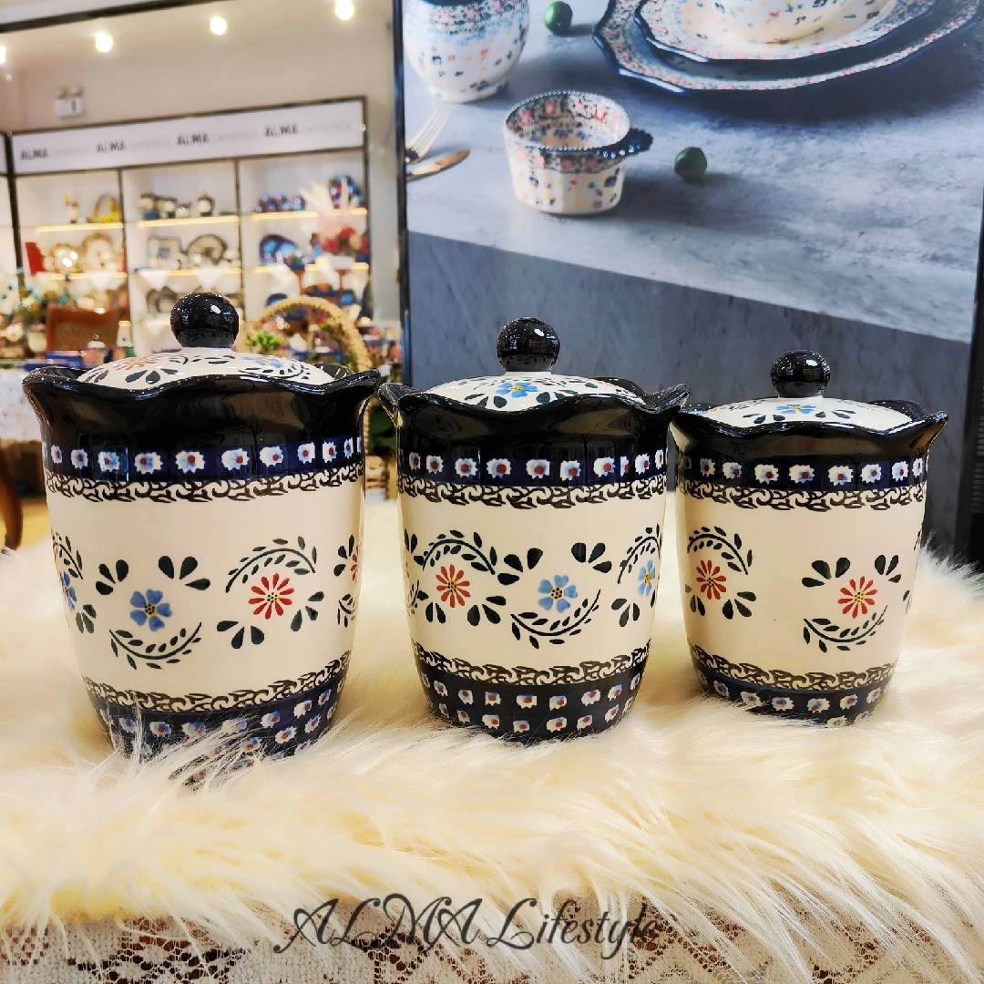 阿勒玛 新疆包邮【墨玉密封罐】手绘三件套罐防烫储物轻奢储物罐