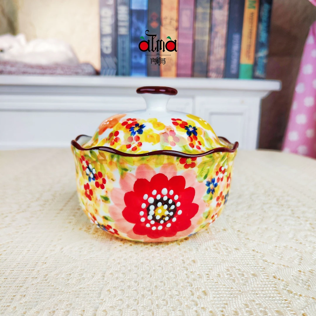 阿勒玛 新疆包邮【莫奈花园】家用手绘釉下彩欧式4.5寸带盖炖盅