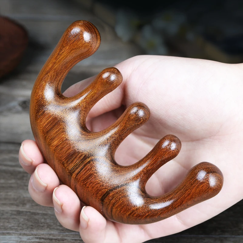 檀木梳子五齿头部经络按摩梳子头皮肩颈按摩方便捷南美紫檀木梳子