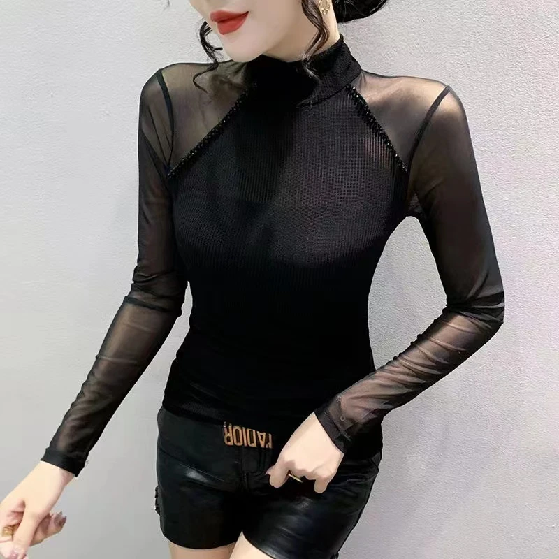 094 新款网纱拼接长袖打底衫秋冬内搭网红半高领女上衣