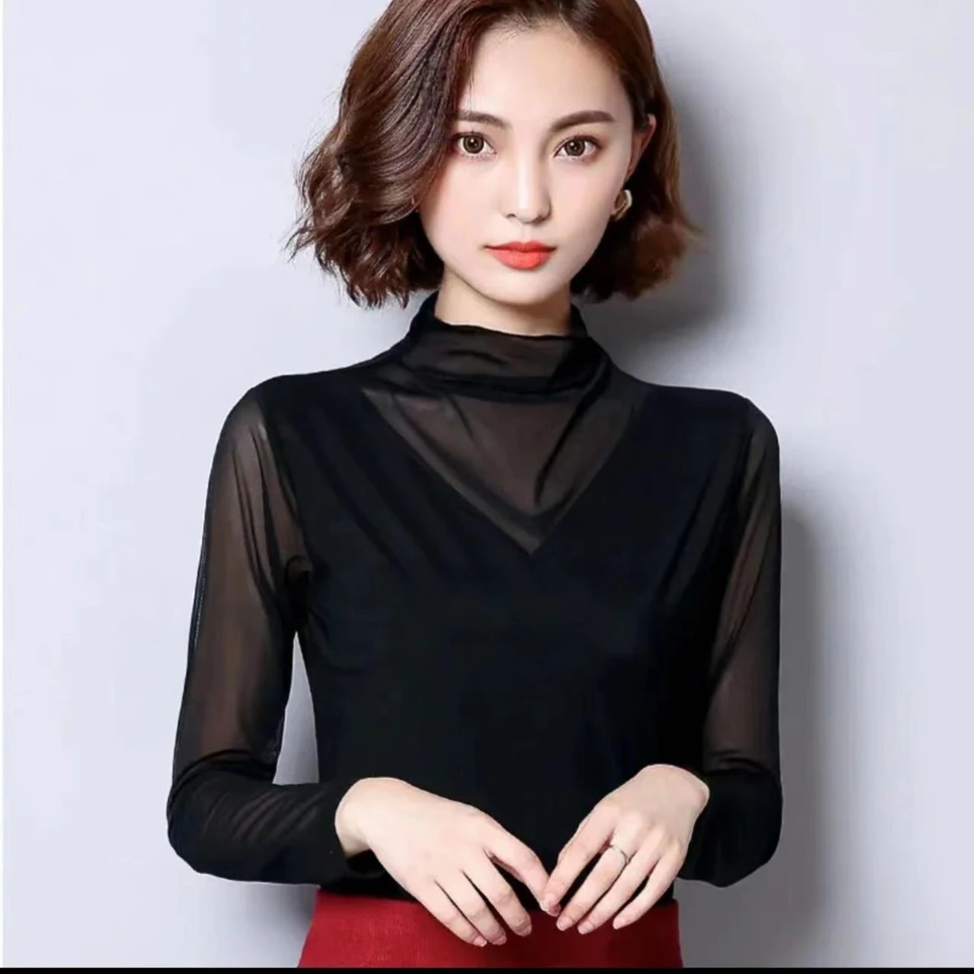 021 秋冬清货V字半高领网纱拼接修身显瘦百搭上衣简约时尚打底衫