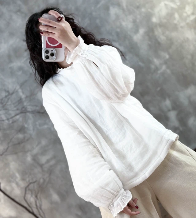 忆绵出品【小家碧玉】冬季花边木耳领纯色百搭文艺格调苎麻棉袄棉衣