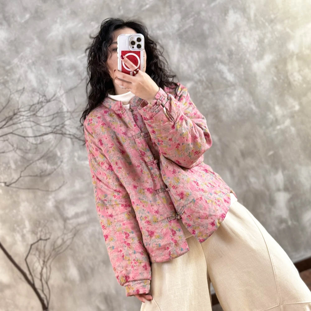 忆绵出品2044“落落大方”苎麻设计款文艺印花冬季新款棉衣