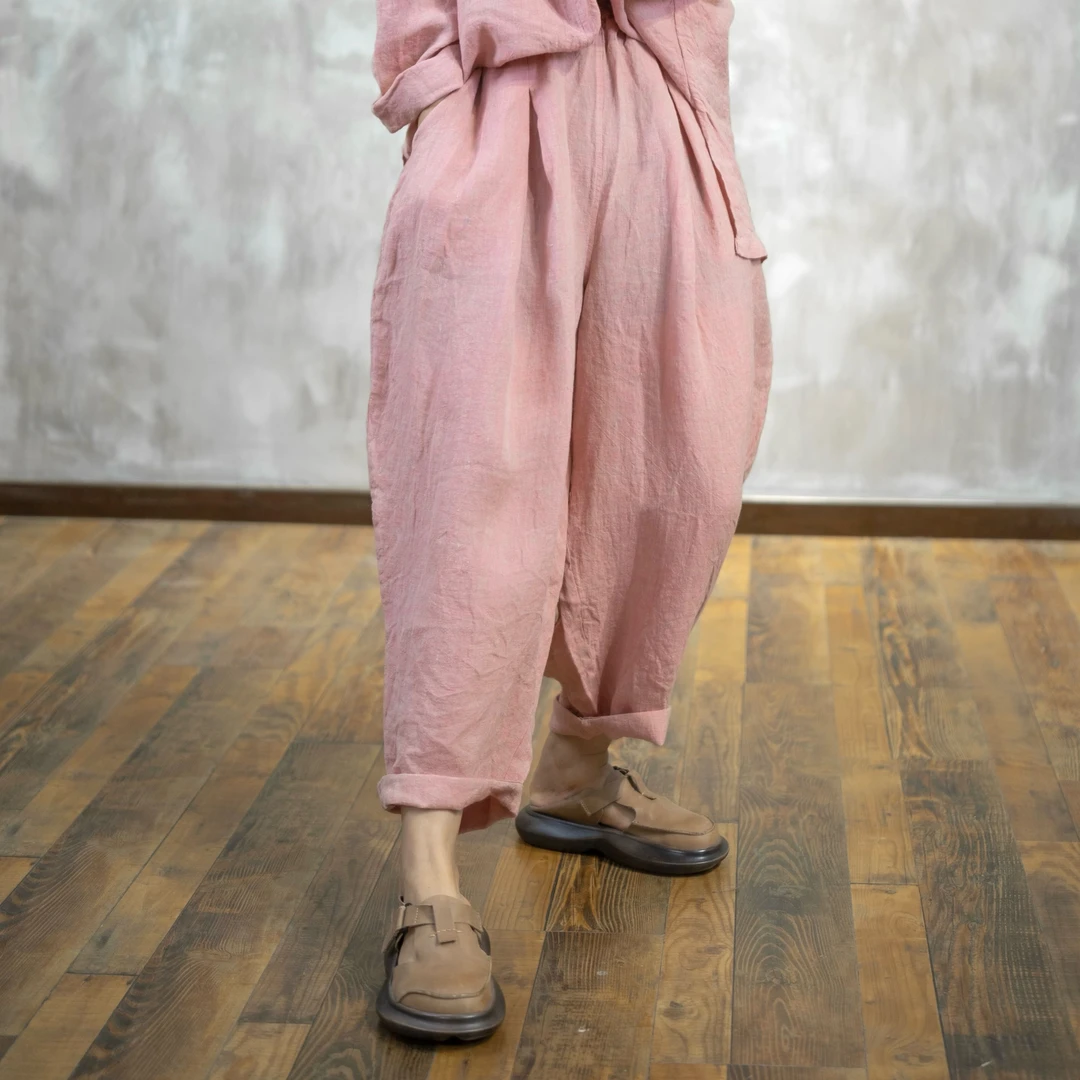 26016忆绵出品时尚气质色织亚麻口袋百搭休闲裤