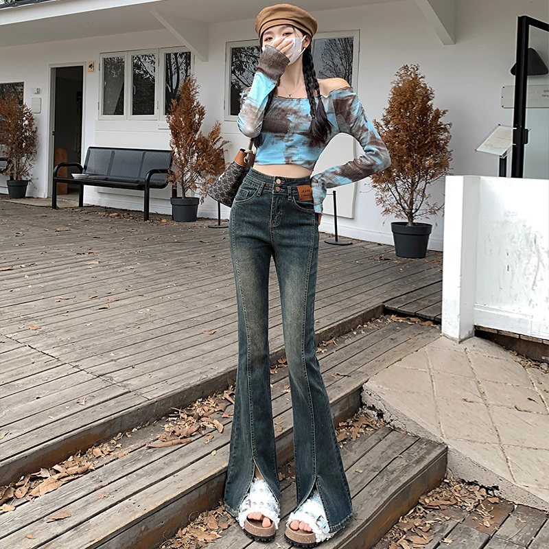 开叉微喇叭牛仔裤女秋冬加绒加厚高腰双扣潮牌弹力修身显瘦拖地裤