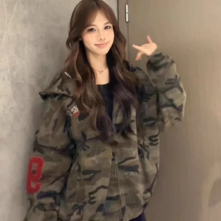 美式街头卫衣女秋冬宽松拉链开衫迷彩连帽外套vintage高级感上衣