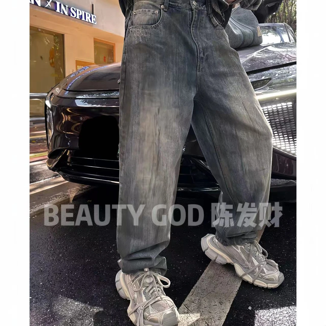 RICH【陈发财】潮牌港风复古泥染水洗做旧水洗直筒牛仔长裤NZ8701