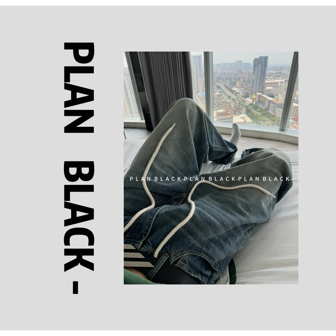 RICH陈发财【旧洗水牛仔裤】趋势款！廓形剪裁水洗做旧直筒裤3856