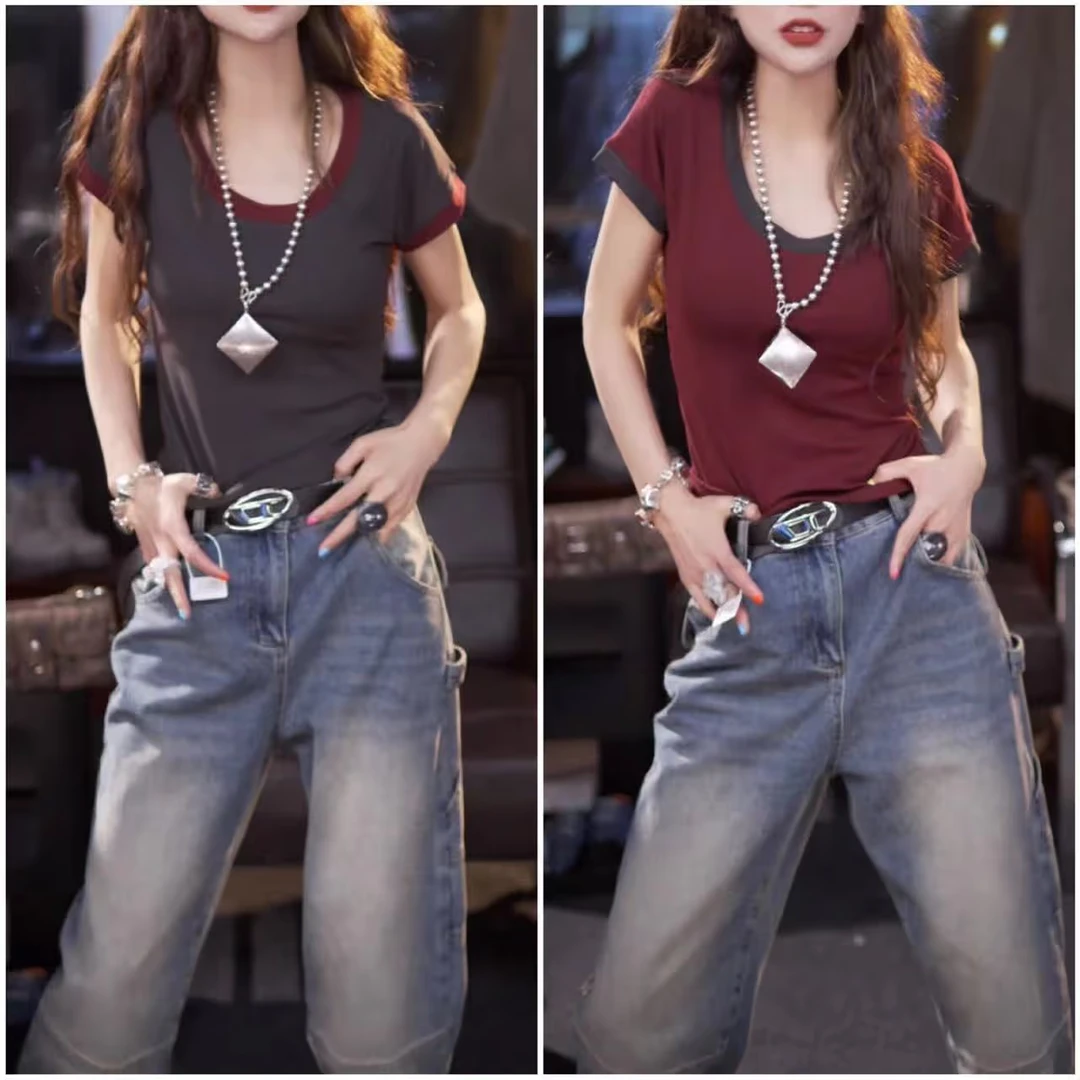 欧货撞色圆领简约休闲短袖t恤2024夏季新款修身显瘦弹力百搭上衣