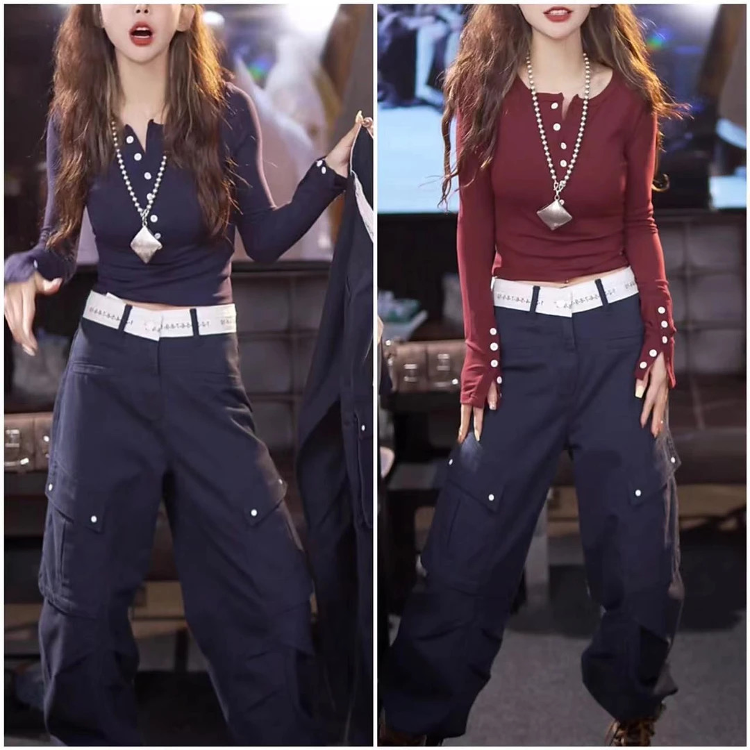 纯欲纽扣领正肩长袖T恤女秋设计感小众修身紧身显瘦时尚洋气上衣