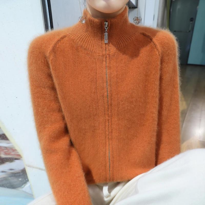 春秋新款双拉链高领加厚针织开衫女半高领针织显瘦外套针织上衣