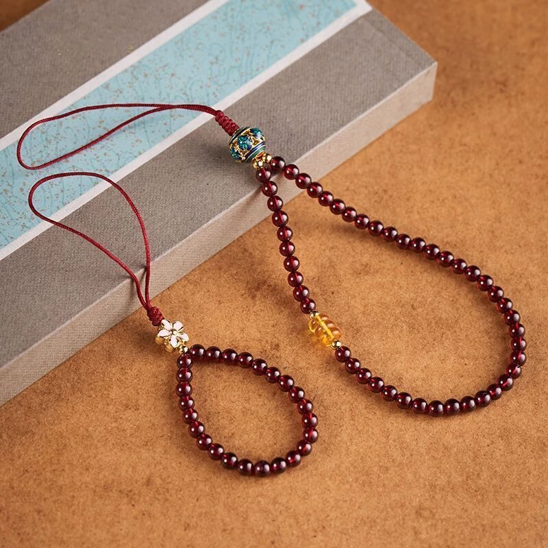 天然石榴石手机挂件手腕挂绳短款手机链挂饰招财水晶手机挂绳手工