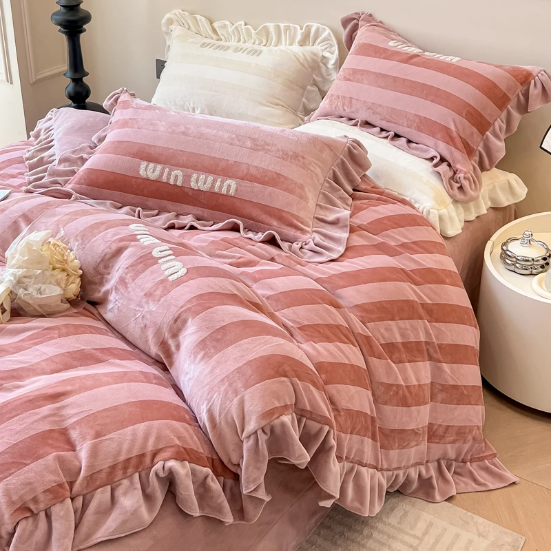 韩版花边牛奶绒四件套AB版双面绒公主风加厚保暖秋冬被套床上用品