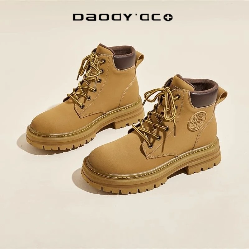 国潮情侣加绒厚底马丁靴大黄靴踢不烂增高英伦风马丁靴女鞋子男款