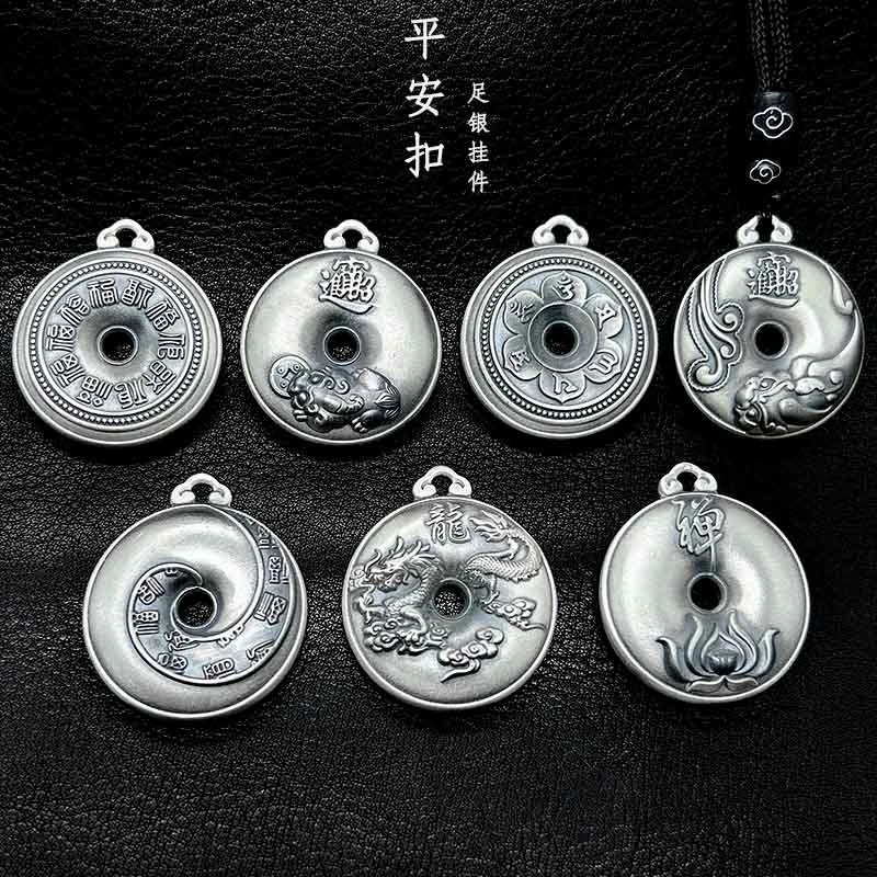 吊坠足银 9999足银实心平安扣项坠 手工古法个性刻字挂坠情侣素款