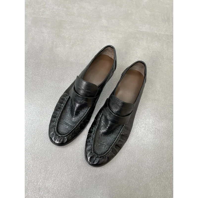 鳗鱼皮褶皱乐福鞋低跟英伦复古小皮鞋真皮女鞋单鞋便鞋懒人鞋