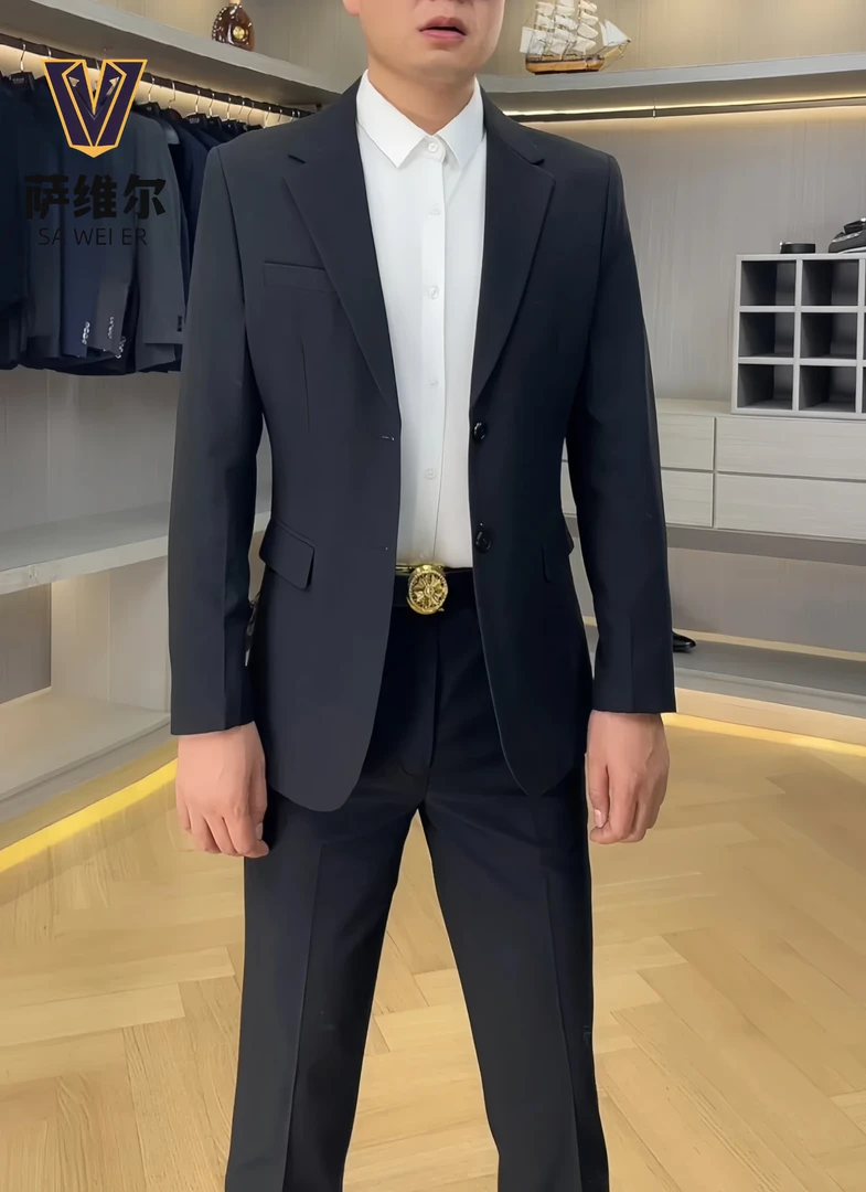 【萨维尔】纯色两粒扣双开叉西装套装商务休闲男士结婚礼服职业修身