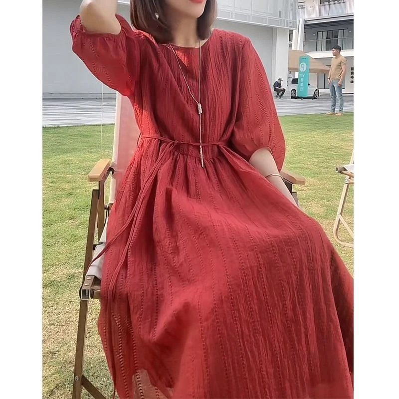 7018#高档洋气红色连衣裙大码遮肉小香风显瘦裙子女装宽松连衣裙
