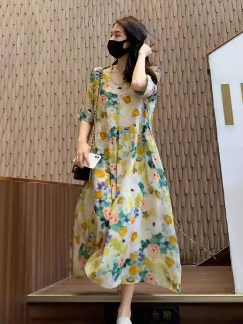 7188#高级连衣裙春夏长款新款碎花复古2024收腰显瘦洋气裙子长裙