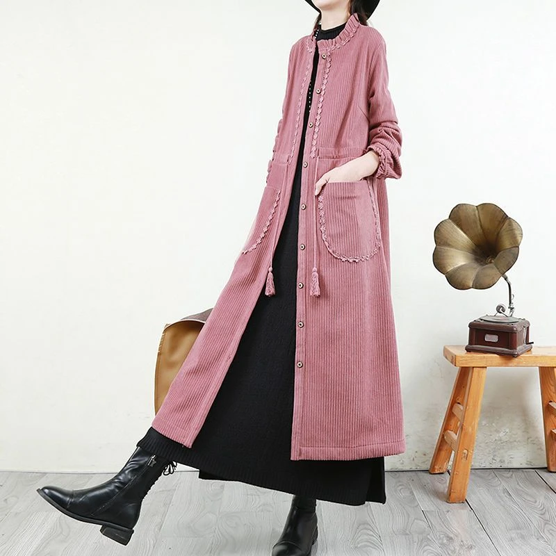 6550#复古加厚灯芯绒外套秋冬季加厚蕾丝棉服宽松长款风衣棉袄子