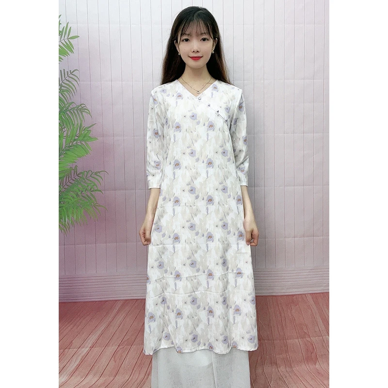 6953#油画婚礼-夏季V领青色印花改良中长款旗袍文艺斜襟薄款女装