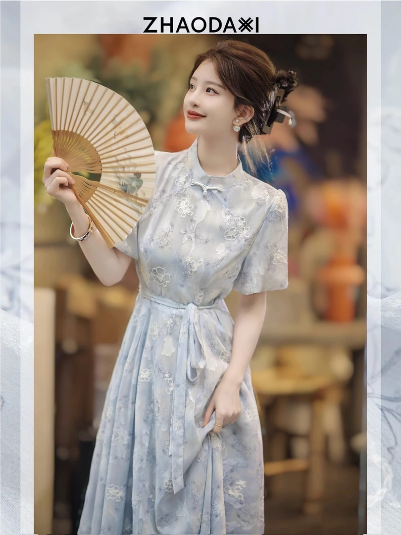 6878#夏季新款方式泡泡袖小清新气质年轻连衣裙温柔风性感碎裙子