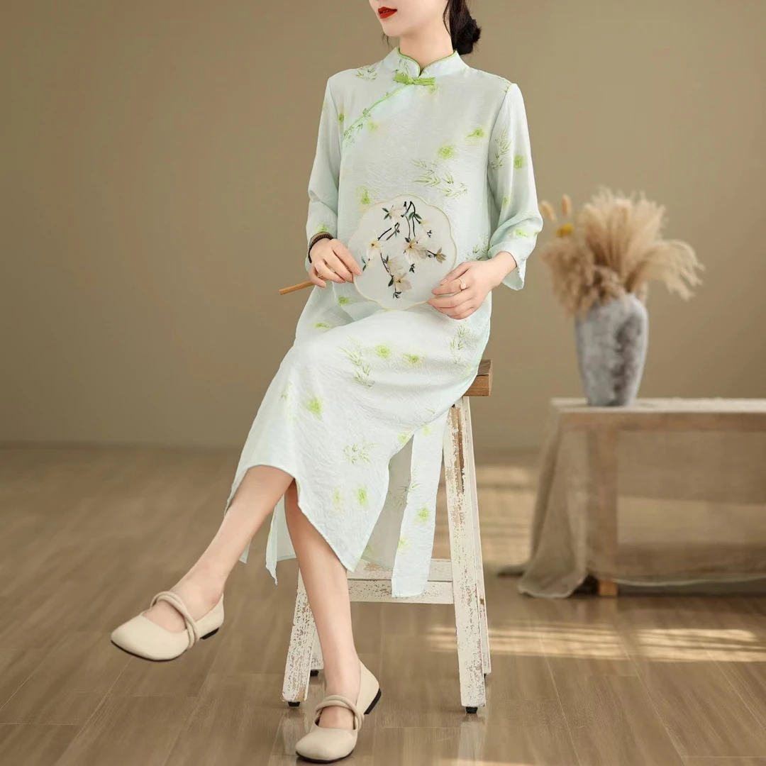 【只此青绿】7215#文艺复古夏季改良中长款旗袍斜襟立领文艺中式