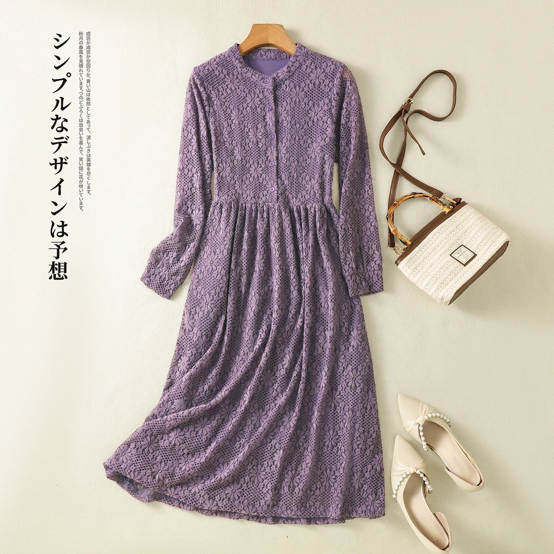 7327#时尚复古气质长袖高档连衣裙2024秋季新款紫色显瘦裙子长裙