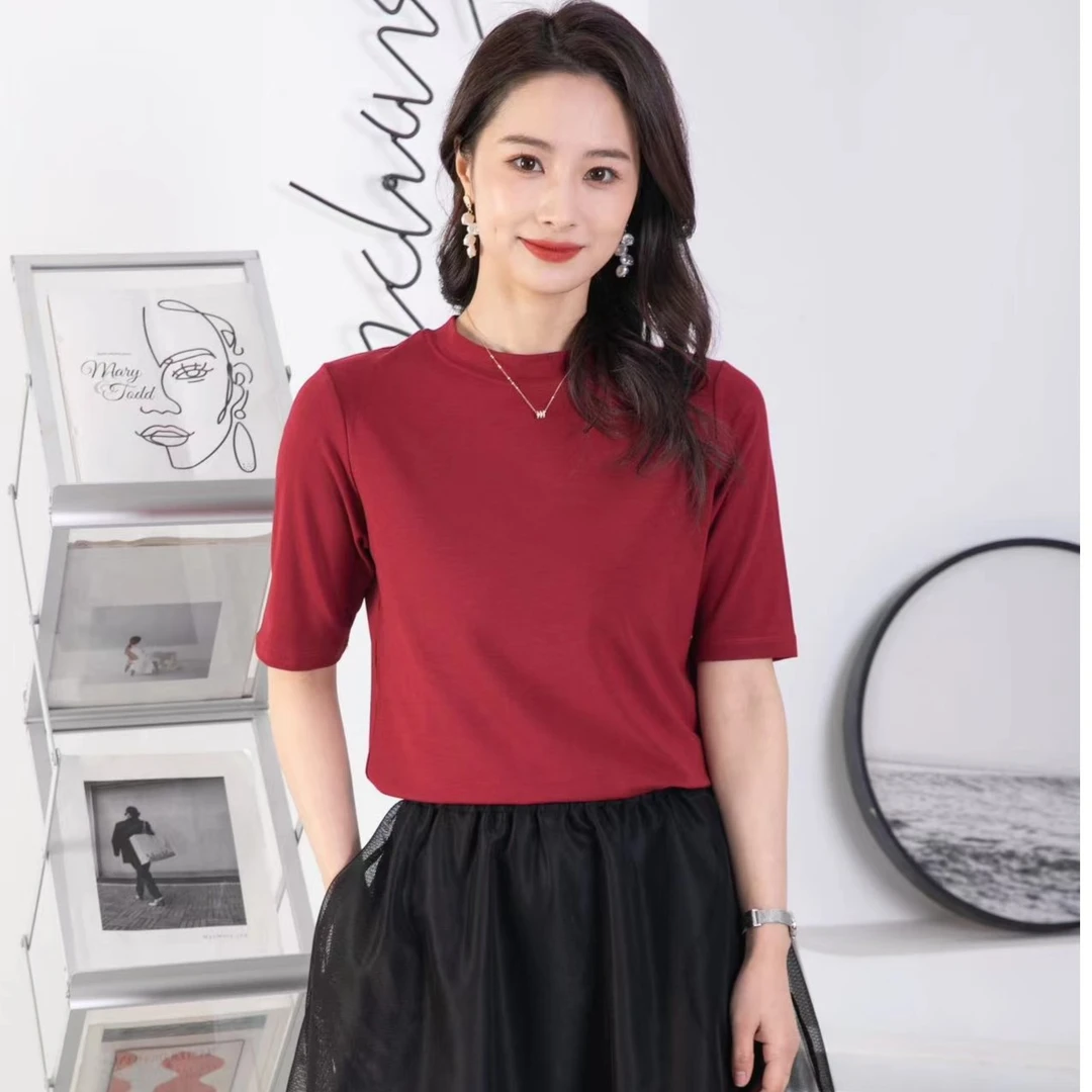 2024女装冰氧棉女显瘦纯色五分袖休闲百搭基础款简约圆领T恤 021