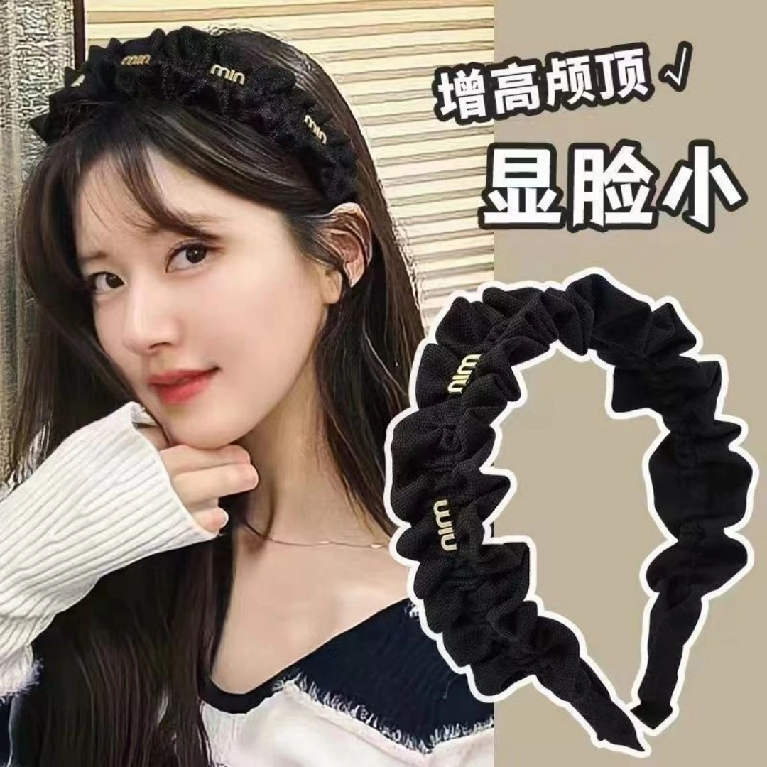 小香风黑色布艺褶皱发箍水钻气质增高高颅顶高级感头箍甜美简约