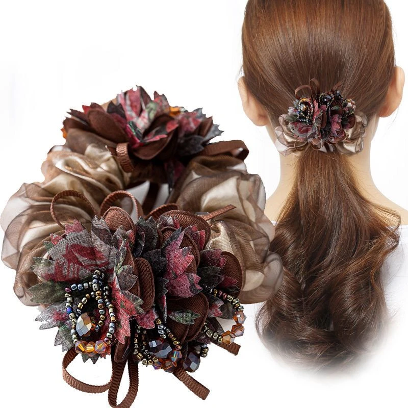 绢纱串珠双花两段发圈头花韩版花朵头绳皮筋气质妈妈成人简约优雅