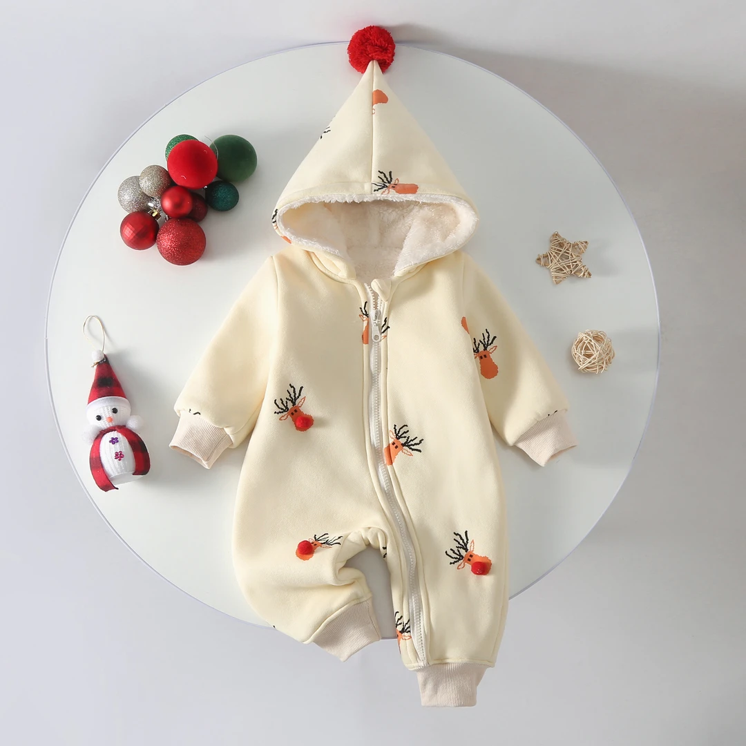 婴幼儿秋冬外出保暖连体衣加绒哈衣女宝宝长袖连帽爬服冬装拉链衫
