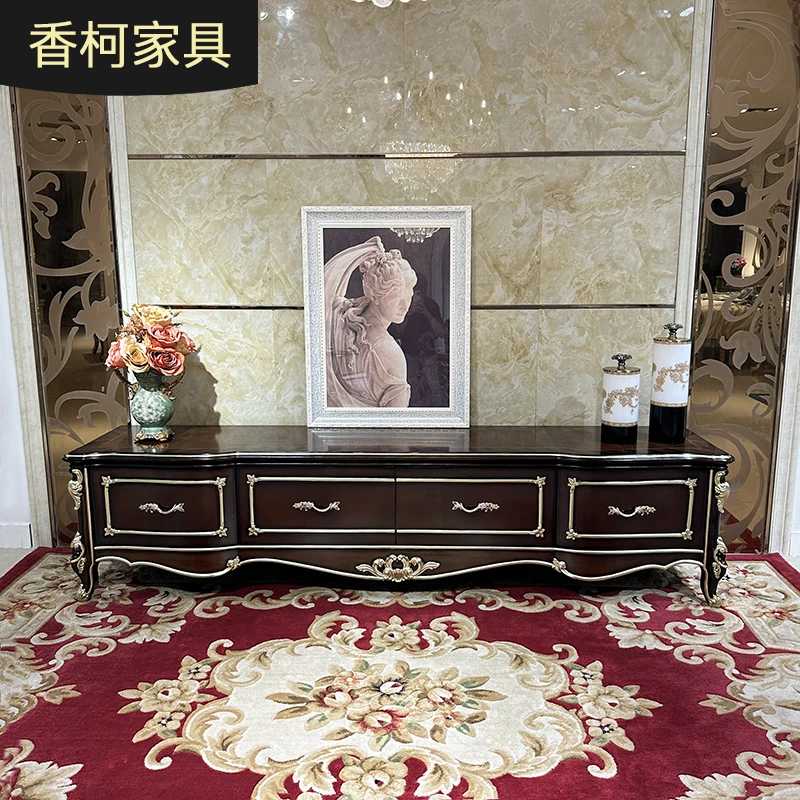 欧式实木电视柜 法式电视柜宫廷新古典客厅背景柜木色带抽电视柜