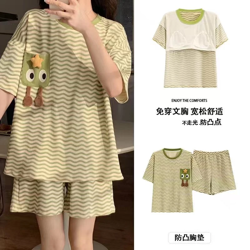 2024带胸垫短袖睡衣女夏季薄款卡通可爱少女学生夏天可外穿宽松