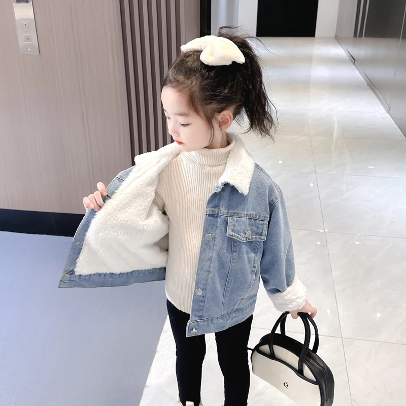 女童牛仔加绒加厚外套2023新款时尚夹克时尚中大童上衣秋冬装潮