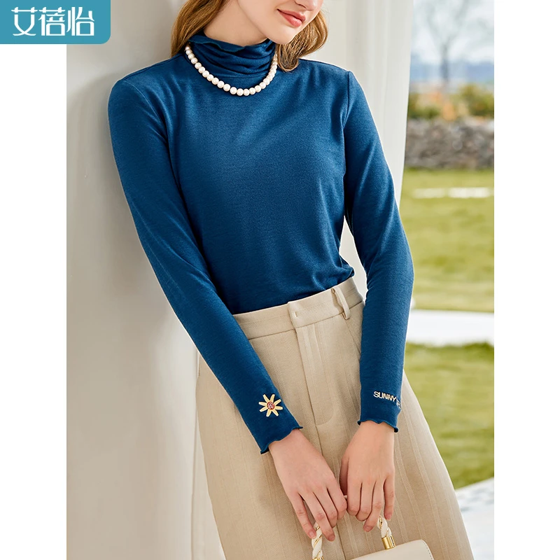 高领长袖T恤女修身2024春季新款内搭上衣保暖打底衫纯色绣花针织