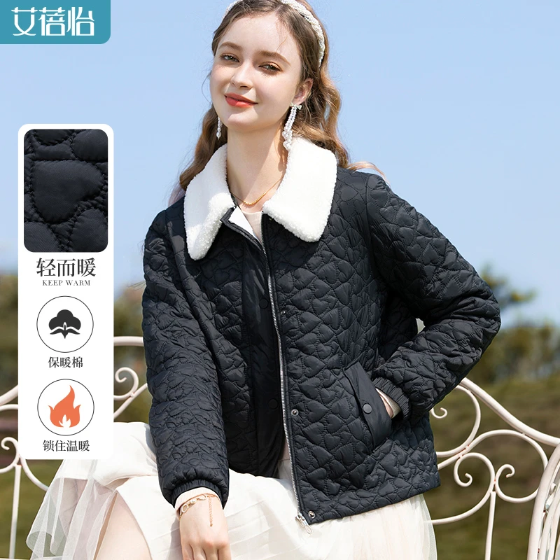 黑色毛领棉服女2024春季新款夹棉外套气质淑女温柔棉袄爱心设计感