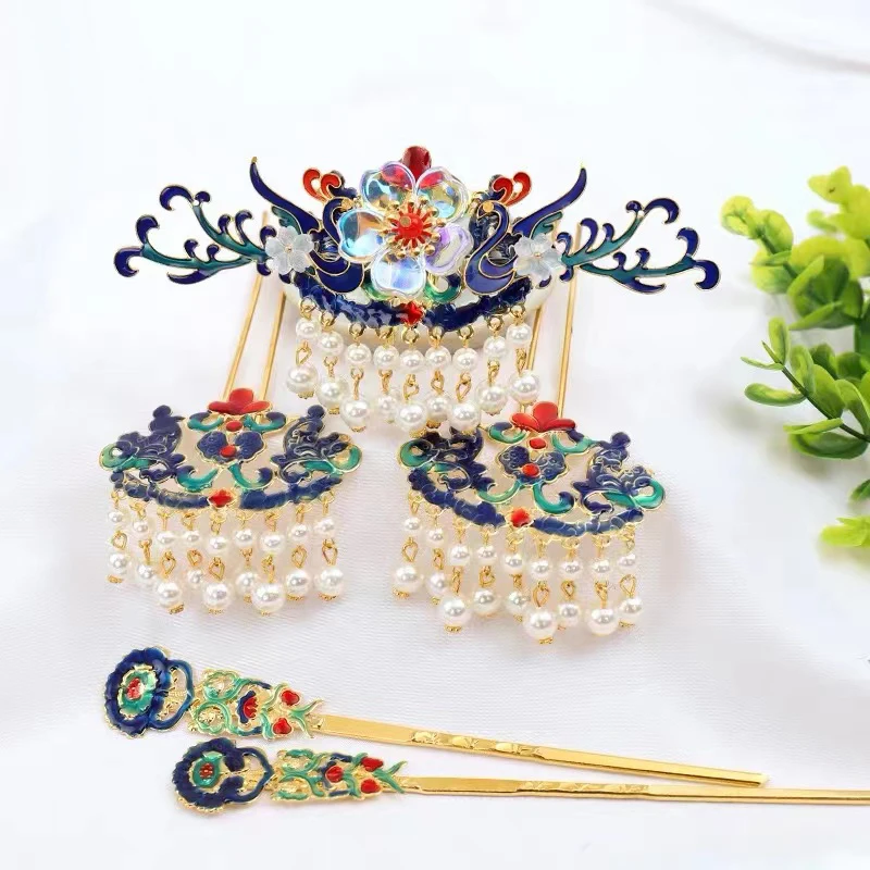 明制烧蓝古风汉服头饰对簪套装景泰蓝发簪流苏步摇发饰HF030