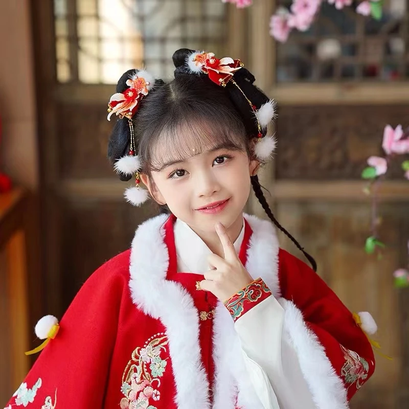 国风新年招财进宝发夹古风汉服毛球儿童流苏发饰头饰对夹HF322