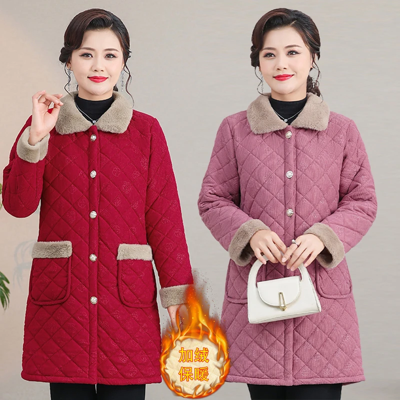 中长款冬季加绒加厚保暖外套女装中老年妈妈装女士棉衣棉服新款