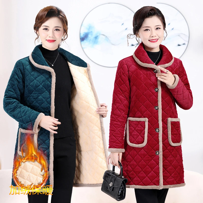 冬季新款中老年妈妈装加绒加厚中长款棉服保暖时尚棉衣外套女装