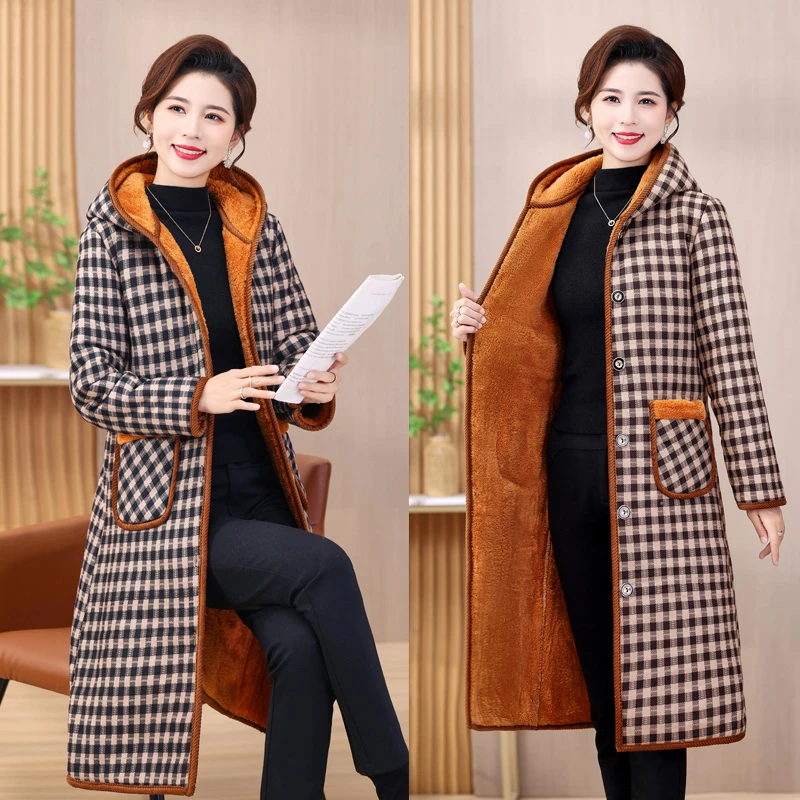 长款连帽加绒加厚冬季妈妈装保暖外套女格子大衣女洋气碎花棉袄