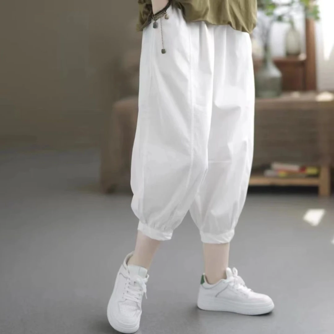 休闲裤女夏装八分裤新款裤子宽松复古纯色显瘦薄款女装哈伦裤女裤