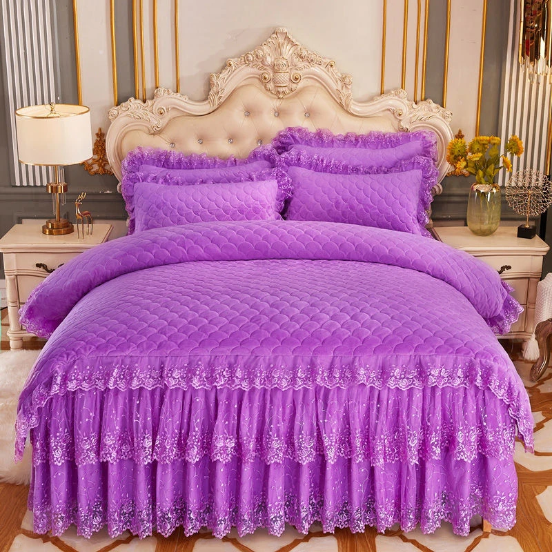 紫色  床裙款四件套三层加绒加厚水晶宝宝绒刺绣蕾丝保暖绒四件套