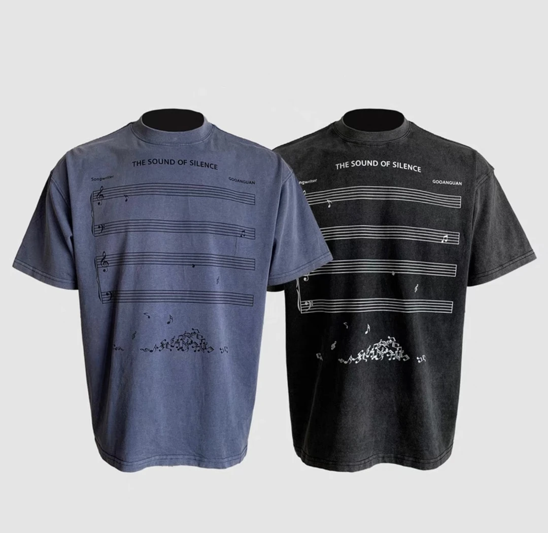 D8#某音99！300克重磅美式洗水做旧复古五线谱音符印花短袖T恤