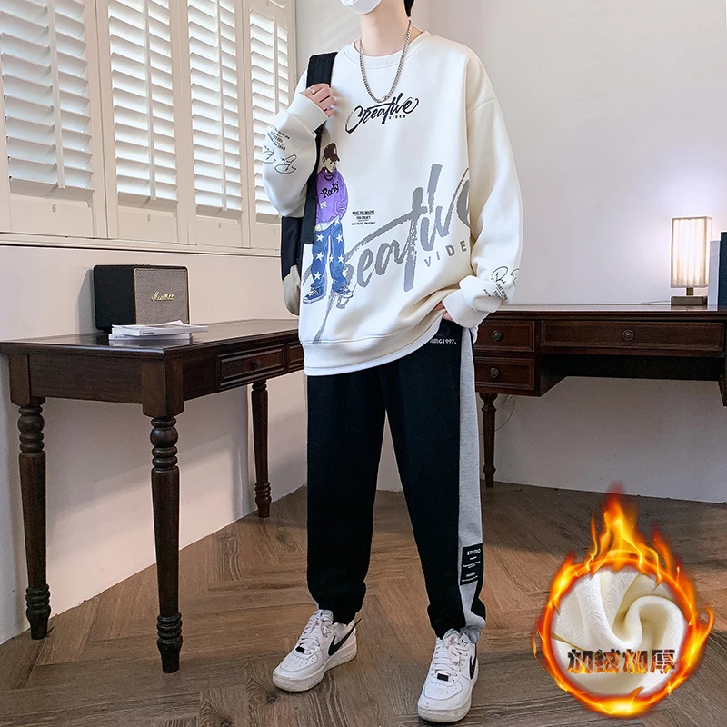 秋冬加绒新款青少年潮流套头打底圆领卫衣男假两件圆领长袖t恤男