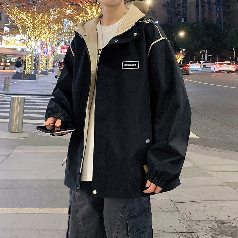 工装外套男青少年春秋季新款宽松大码冲锋衣男生大童连帽风衣夹克