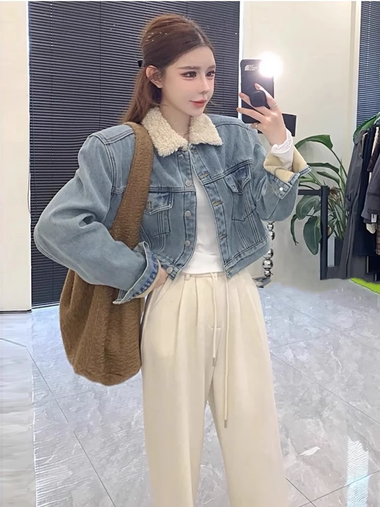加厚加绒韩国东大门冬季新款韩版时髦宽松休闲百搭短款牛仔外套女